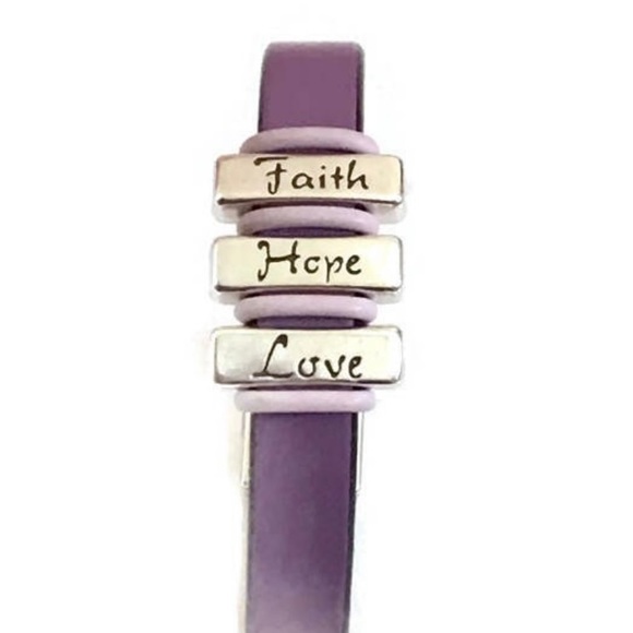 Purple Leather Bracelet- Faith-Hope-Love Adjustable 7”- 8” - Picture 2 of 3